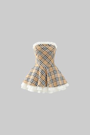 Rase le sol Plaid Flared Dress with Layered Lace Hem