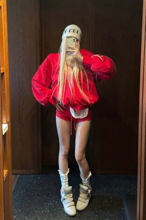 Rase le sol Red Embroidered Zip Hoodie & Shorts Set