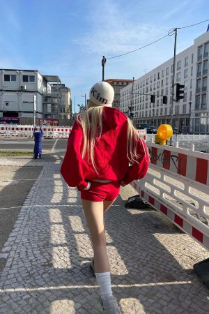 Rase le sol Red Embroidered Zip Hoodie & Shorts Set