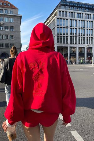 Rase le sol Red Embroidered Zip Hoodie & Shorts Set