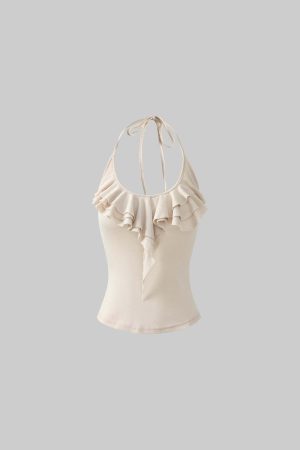 Rase le sol Ruffled Halter Sleeveless Knit Top in Soft Cream