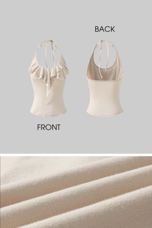 Rase le sol Ruffled Halter Sleeveless Knit Top in Soft Cream