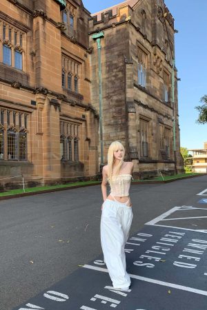 Rase le sol Sheer Mesh Corset Top with Ruffle Lace Trim