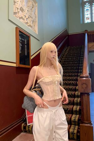 Rase le sol Sheer Mesh Corset Top with Ruffle Lace Trim