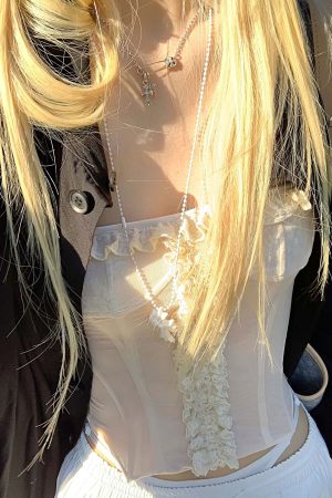 Rase le sol Sheer Mesh Corset Top with Ruffle Lace Trim