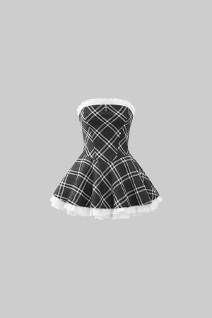 Rase le sol Strapless Sculpted Dress with Check Pattern and Tiered Lace