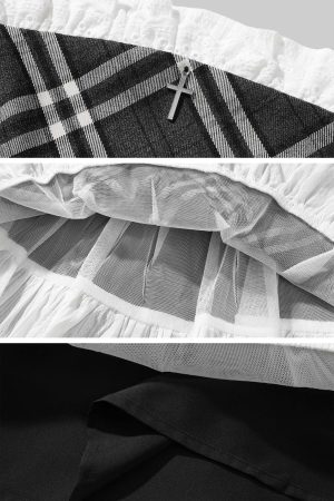 Rase le sol Strapless Sculpted Dress with Check Pattern and Tiered Lace