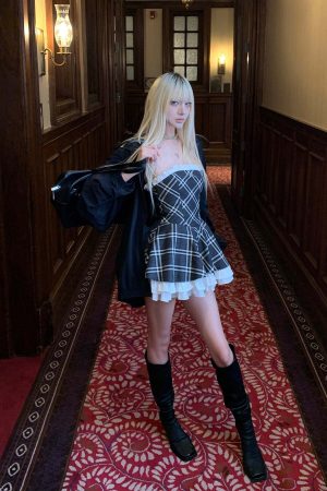 Rase le sol Strapless Sculpted Dress with Check Pattern and Tiered Lace