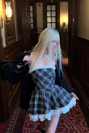 Rase le sol Strapless Sculpted Dress with Check Pattern and Tiered Lace