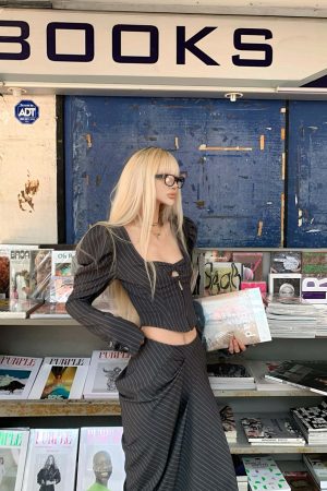 Rase le sol Striped Panel Blazer & High-Waisted Skirt Set