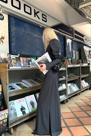 Rase le sol Striped Panel Blazer & High-Waisted Skirt Set