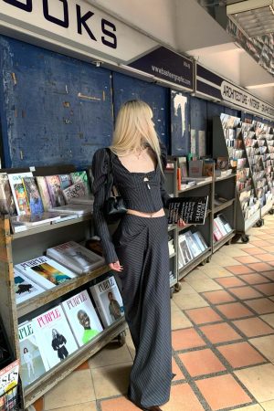 Rase le sol Striped Panel Blazer & High-Waisted Skirt Set