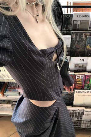 Rase le sol Striped Panel Blazer & High-Waisted Skirt Set