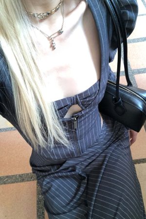 Rase le sol Striped Panel Blazer & High-Waisted Skirt Set