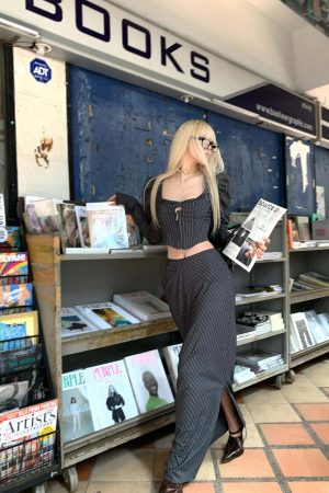 Rase le sol Striped Panel Blazer & High-Waisted Skirt Set