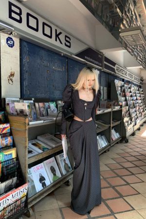 Rase le sol Striped Panel Blazer & High-Waisted Skirt Set