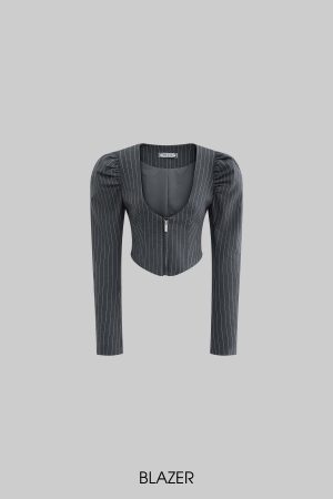 Rase le sol Striped Panel Blazer & High-Waisted Skirt Set