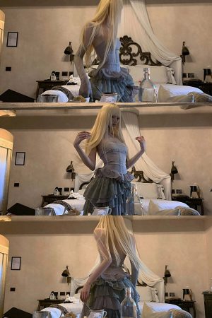 Rase le sol Tiered Lace-Panel Bustier Dress with Sheer Gloves