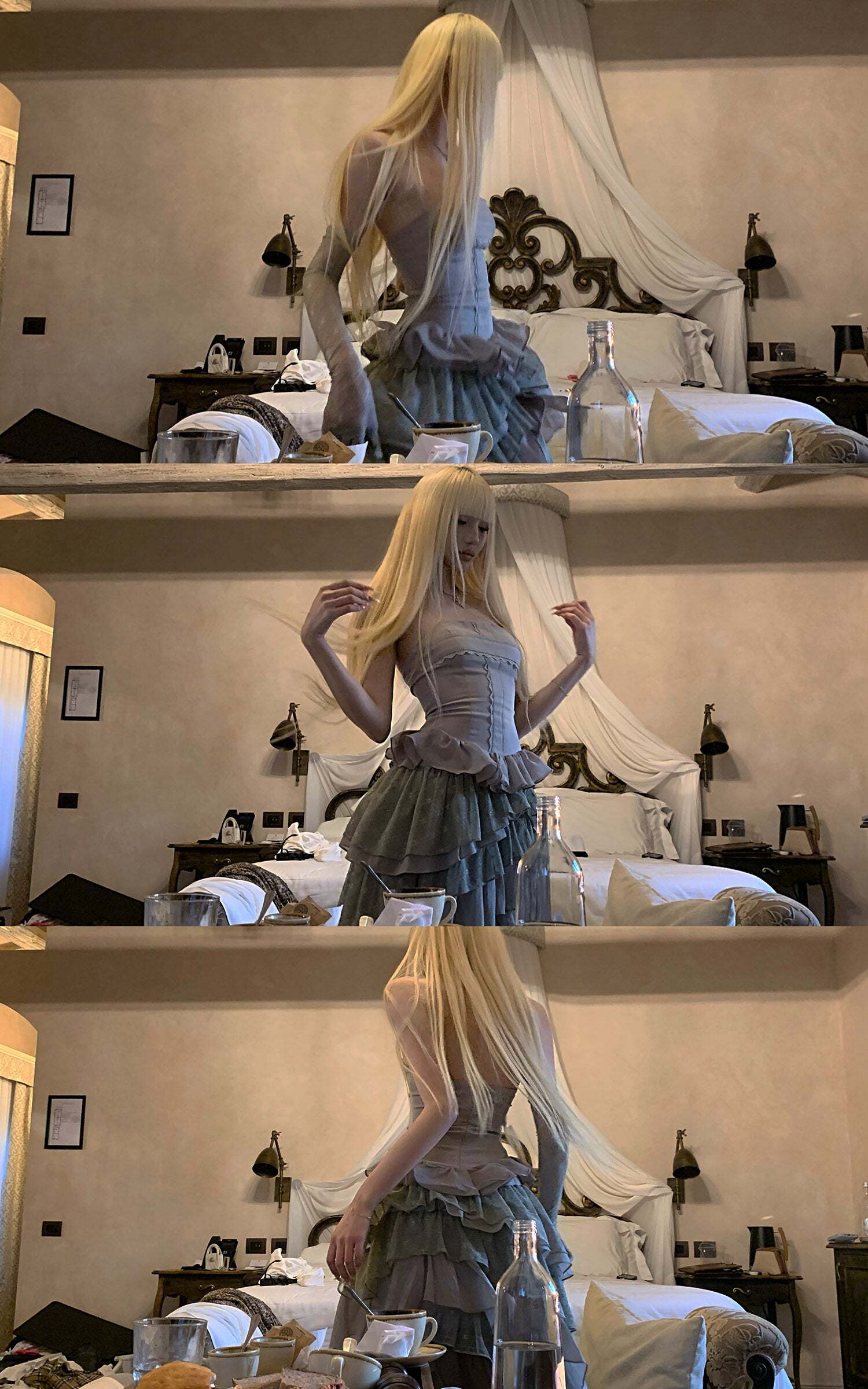 Rase le sol Tiered Lace-Panel Bustier Dress with Sheer Gloves Rase le sol Tiered Lace-Panel Bustier Dress with Sheer Gloves