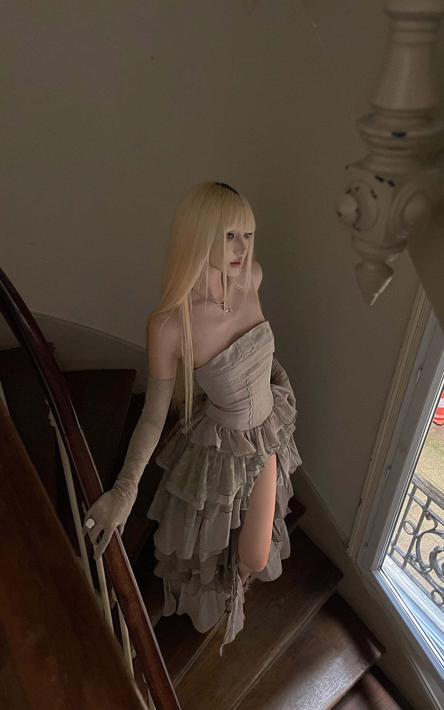 Rase le sol Tiered Lace-Panel Bustier Dress with Sheer Gloves Rase le sol Tiered Lace-Panel Bustier Dress with Sheer Gloves