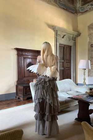 Rase le sol Tiered Lace-Panel Bustier Dress with Sheer Gloves