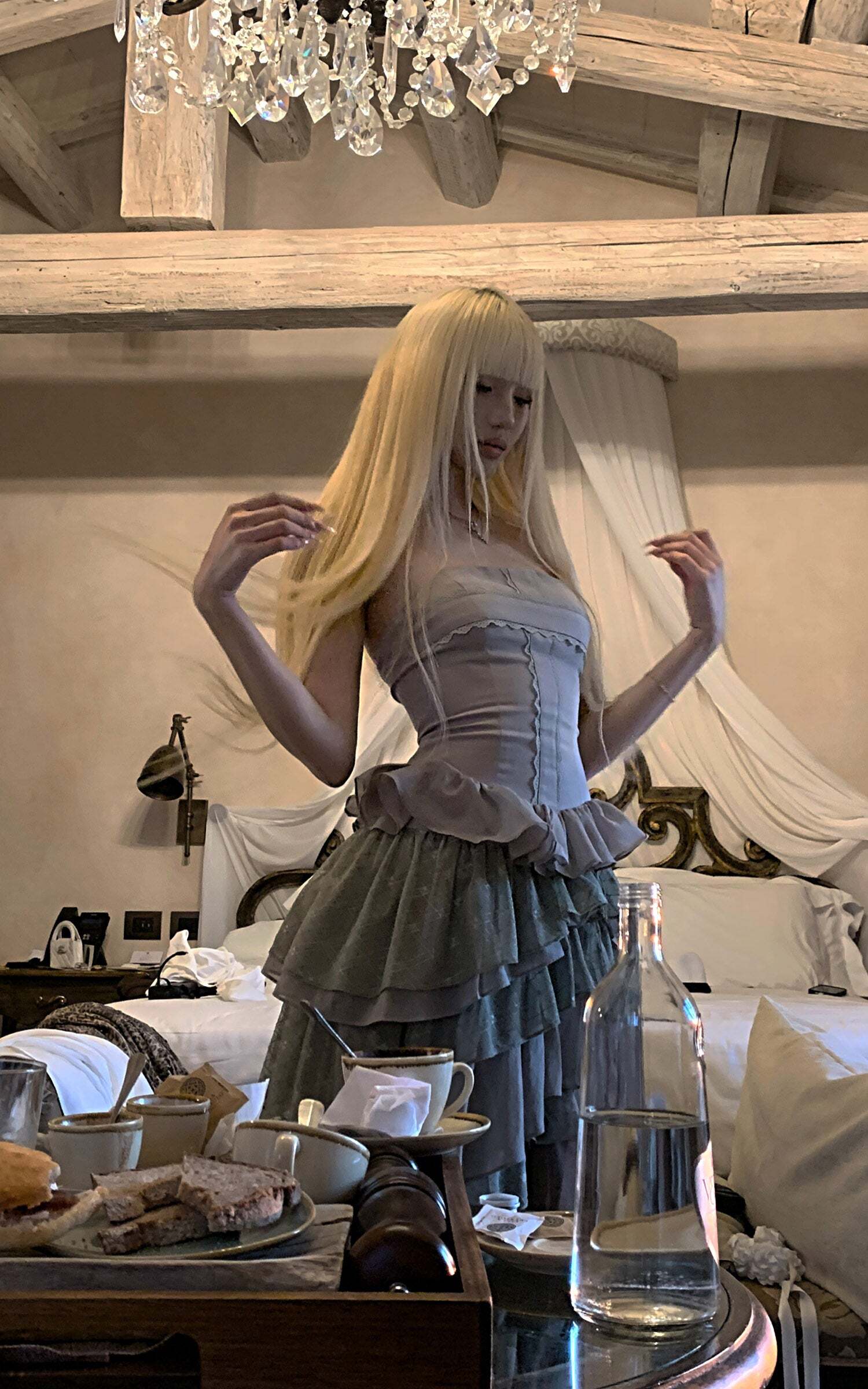 Rase le sol Tiered Lace-Panel Bustier Dress with Sheer Gloves Rase le sol Tiered Lace-Panel Bustier Dress with Sheer Gloves