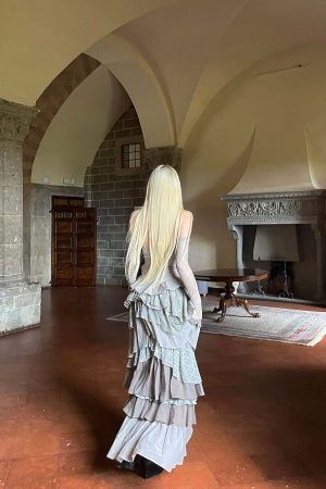 Rase le sol Tiered Lace-Panel Bustier Dress with Sheer Gloves