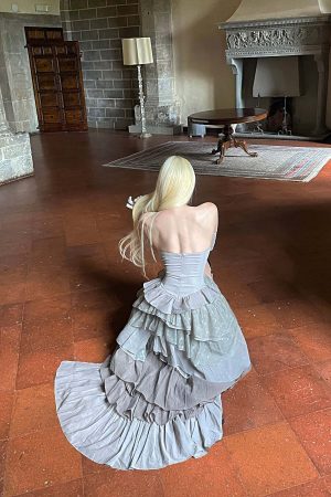 Rase le sol Tiered Lace-Panel Bustier Dress with Sheer Gloves