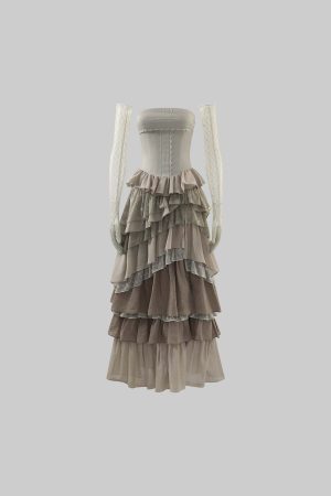 Rase le sol Tiered Lace-Panel Bustier Dress with Sheer Gloves