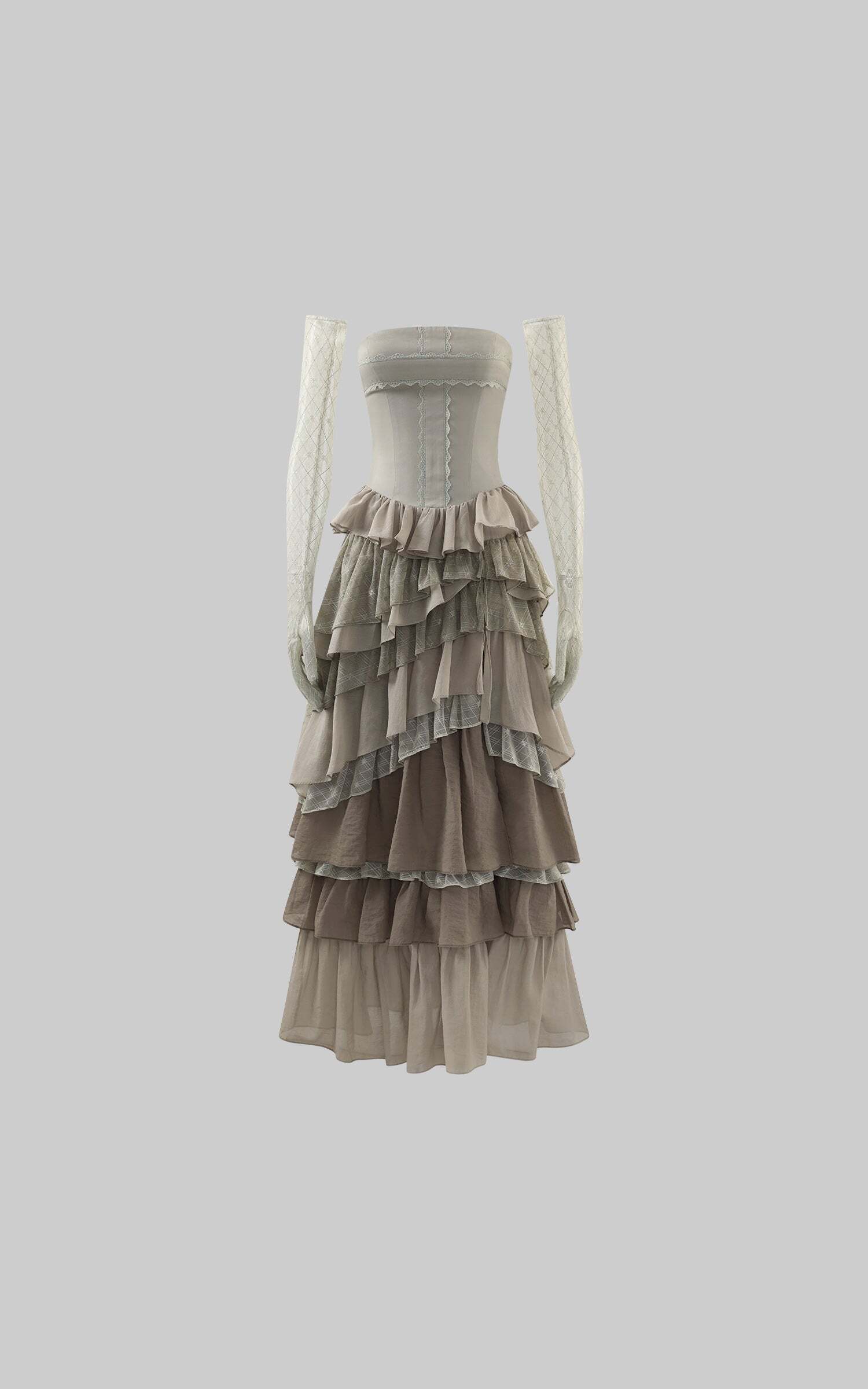 Rase le sol Tiered Lace-Panel Bustier Dress with Sheer Gloves Rase le sol Tiered Lace-Panel Bustier Dress with Sheer Gloves