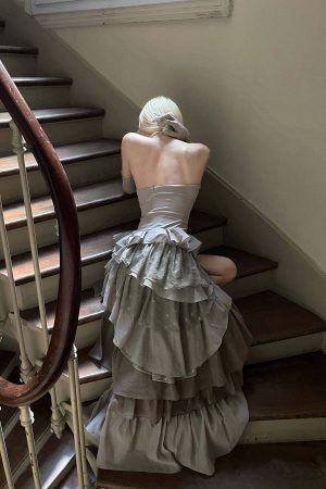 Rase le sol Tiered Lace-Panel Bustier Dress with Sheer Gloves