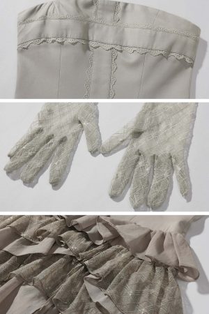 Rase le sol Tiered Lace-Panel Bustier Dress with Sheer Gloves