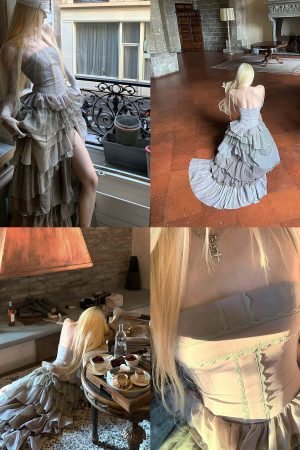 Rase le sol Tiered Lace-Panel Bustier Dress with Sheer Gloves