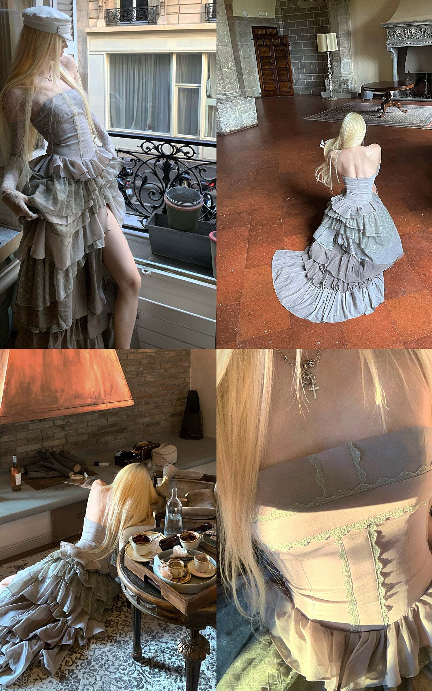 Rase le sol Tiered Lace-Panel Bustier Dress with Sheer Gloves Rase le sol Tiered Lace-Panel Bustier Dress with Sheer Gloves