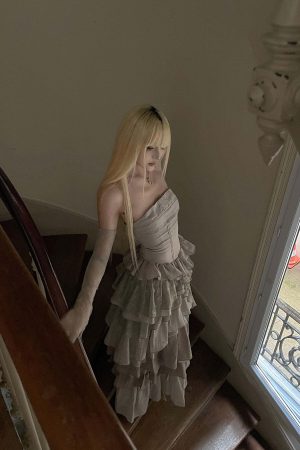 Rase le sol Tiered Lace-Panel Bustier Dress with Sheer Gloves