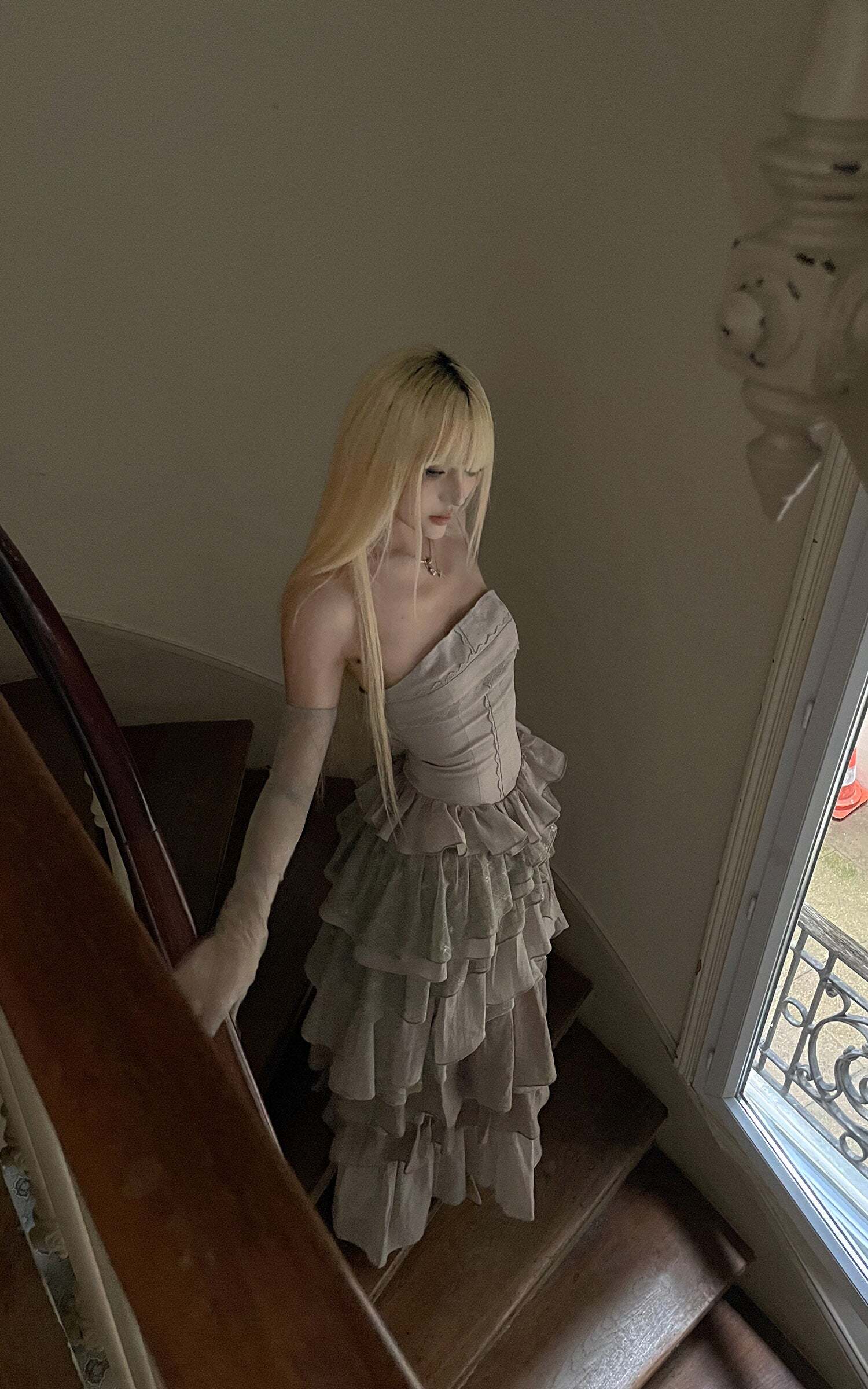 Rase le sol Tiered Lace-Panel Bustier Dress with Sheer Gloves Rase le sol Tiered Lace-Panel Bustier Dress with Sheer Gloves