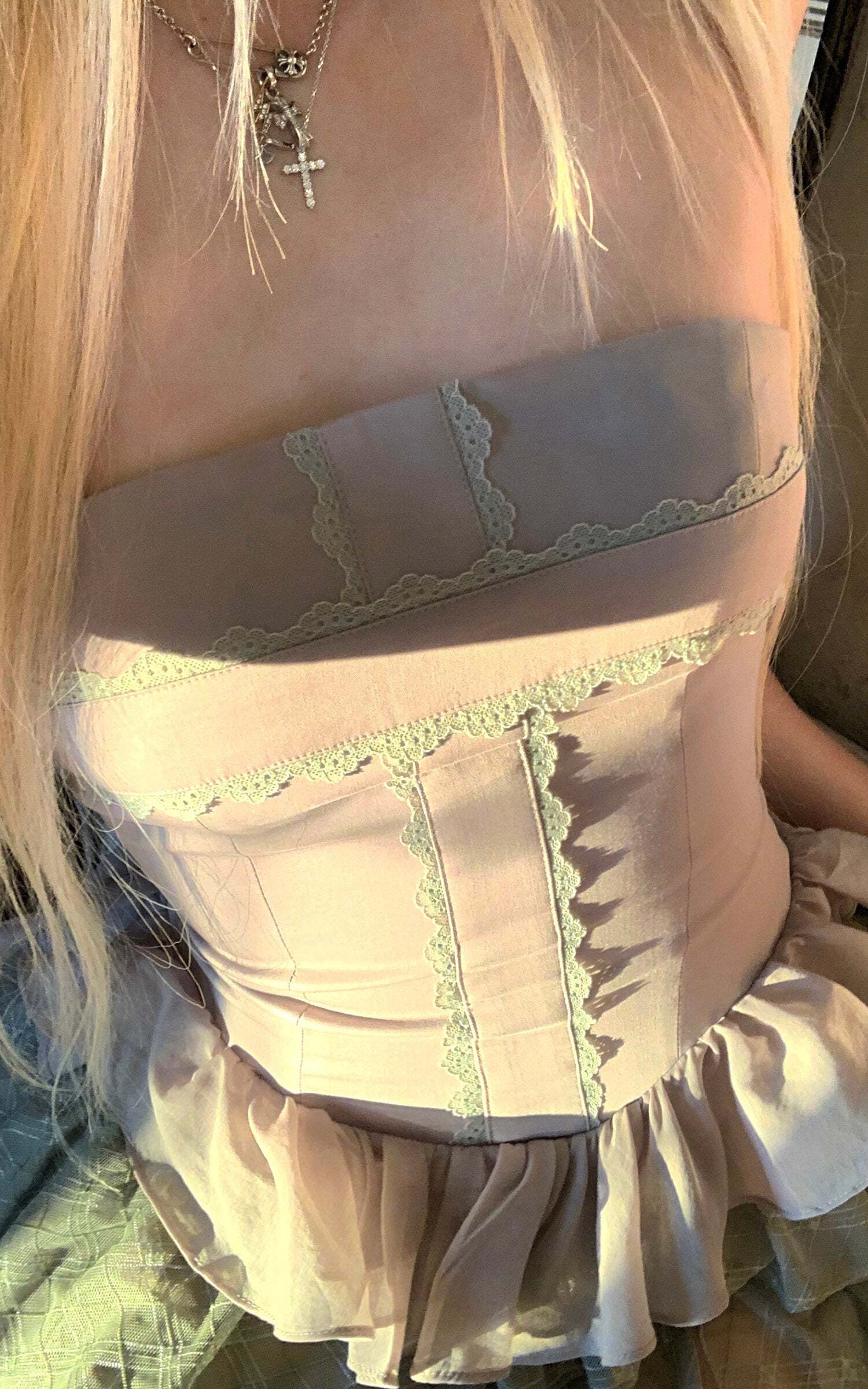 Rase le sol Tiered Lace-Panel Bustier Dress with Sheer Gloves Rase le sol Tiered Lace-Panel Bustier Dress with Sheer Gloves