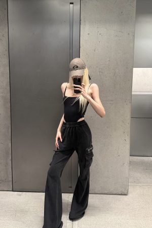 Rase le sol Washed Flare Cargo Pants with Multi Pockets