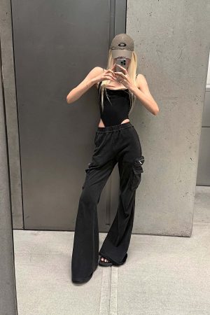 Rase le sol Washed Flare Cargo Pants with Multi Pockets