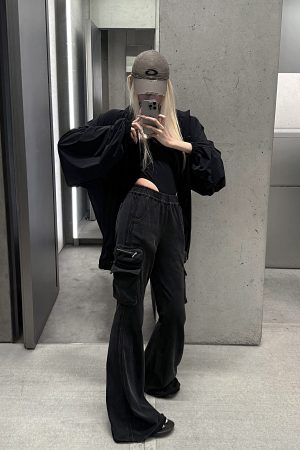 Rase le sol Washed Flare Cargo Pants with Multi Pockets