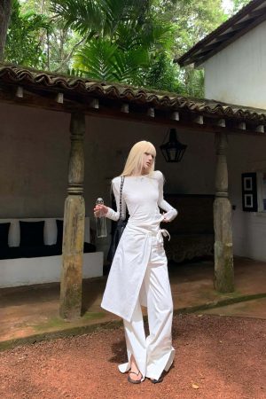 Rase le sol White Split Hem Utility Pants