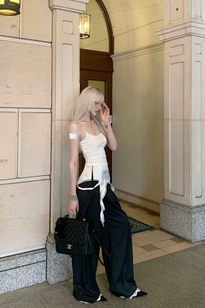 Rase le sol Wide-Leg Pinstripe Trousers with Lace Trim