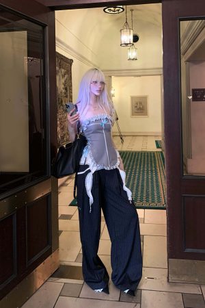 Rase le sol Wide-Leg Pinstripe Trousers with Lace Trim