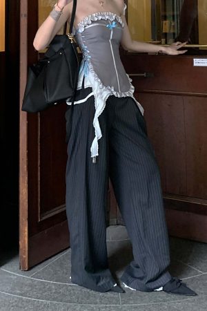 Rase le sol Wide-Leg Pinstripe Trousers with Lace Trim