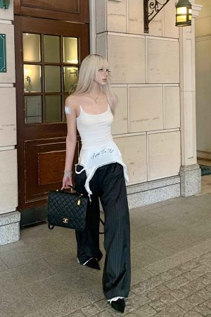 Rase le sol Wide-Leg Pinstripe Trousers with Lace Trim