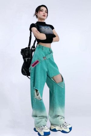 Ripped Denim Strap Baggy Jeans