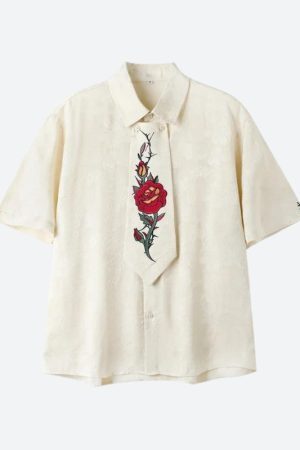 Rose Embroidery Tie Shirt