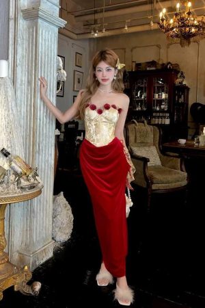 Rose Velvet Corset Midi Dress