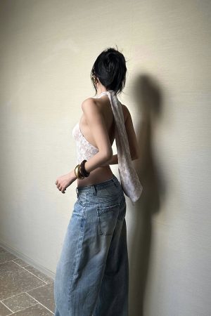 ROVENTE Backless Lace Halter Draped Top