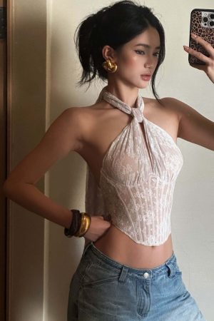 ROVENTE Backless Lace Halter Draped Top